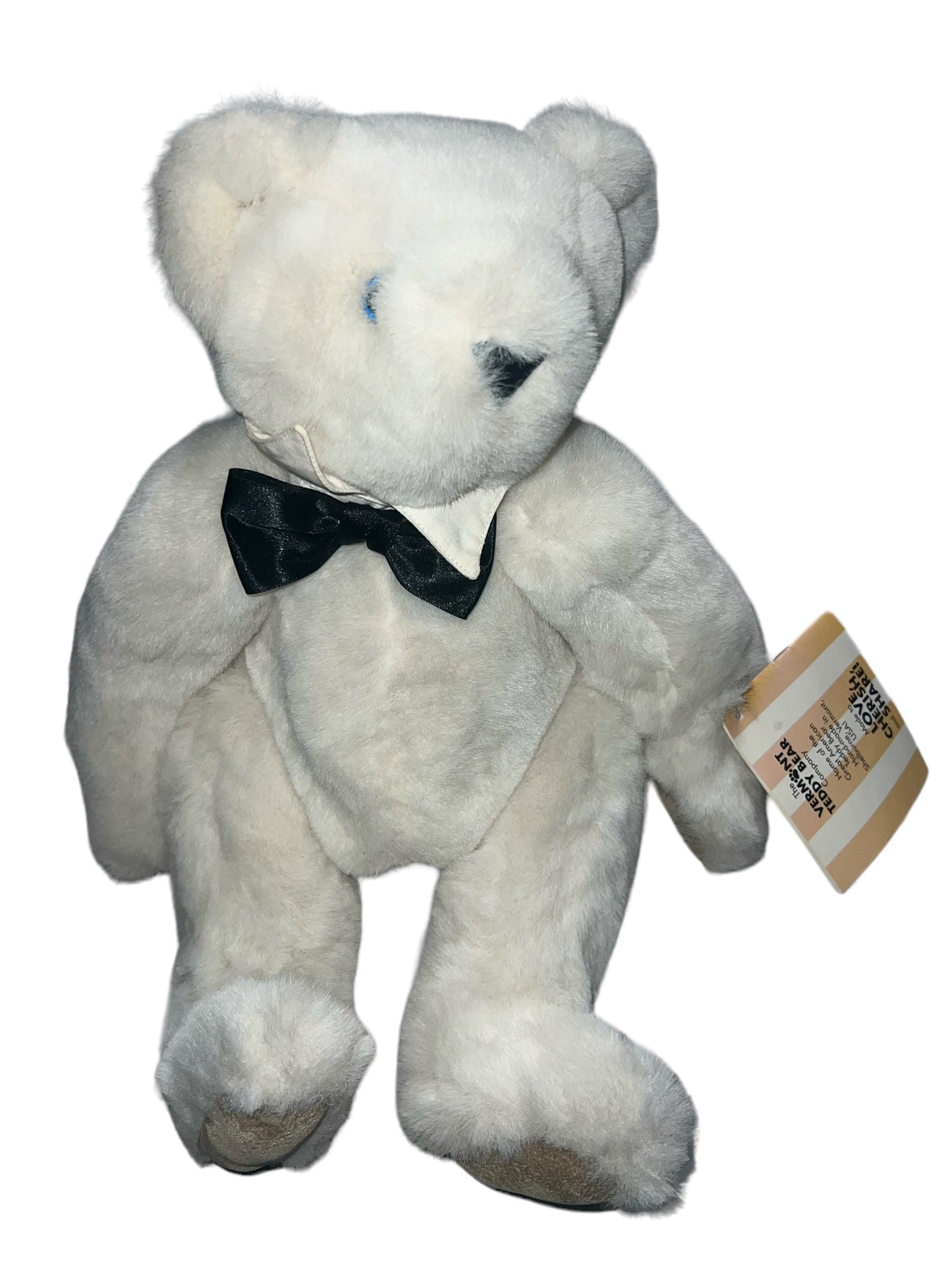 Vintage Vermont Teddy Bear Company 1991 White Bear with Black Bowtie and Blue Eyes